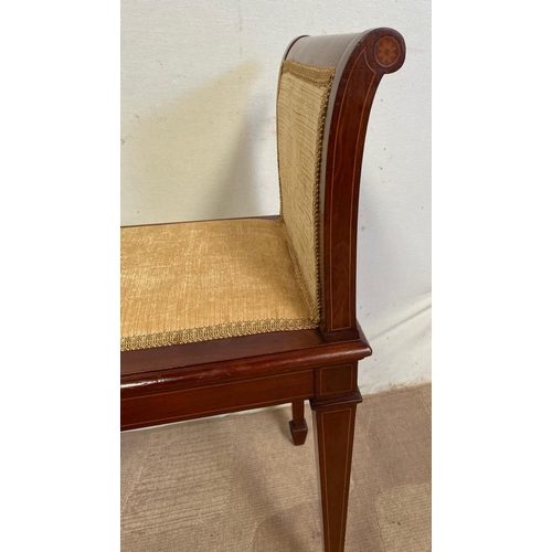 168 - A MAHOGANY INLAID WINDOW SEAT, upholstered, standing on tapered inlaid leg. Dimensions: 96cm x 40cm ... 