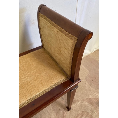 168 - A MAHOGANY INLAID WINDOW SEAT, upholstered, standing on tapered inlaid leg. Dimensions: 96cm x 40cm ... 