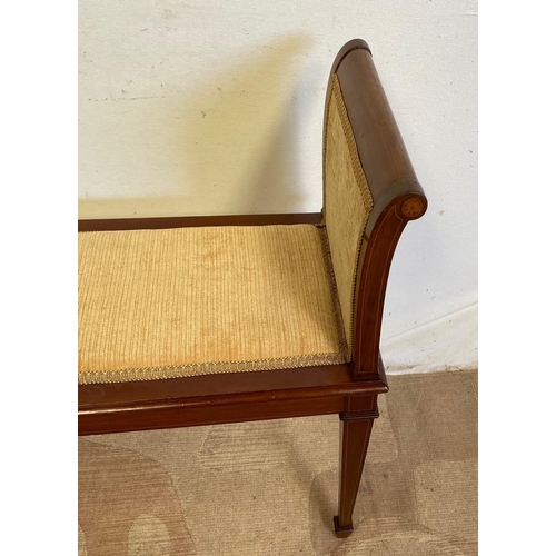 168 - A MAHOGANY INLAID WINDOW SEAT, upholstered, standing on tapered inlaid leg. Dimensions: 96cm x 40cm ... 