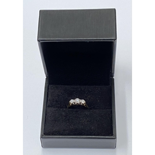 170 - AN 18CT YELLOW GOLD THREE STONE DIAMOND RING, the diamond weight is .60 cts in total , colour G , cl... 