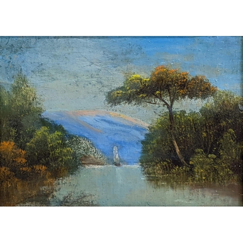 172 - AN EARLY 20TH CENTURY LAKE SCENE, oil on paperboard, in a nice gilt frame. Initials lower left. 20 x... 