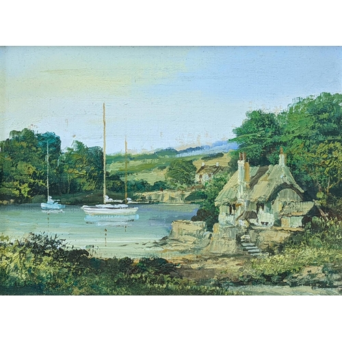 175 - AKIN, (of Malvern) (20TH CENTURY) SHELTERED COVE, oil on board, signed and dated to label verso. 23 ... 