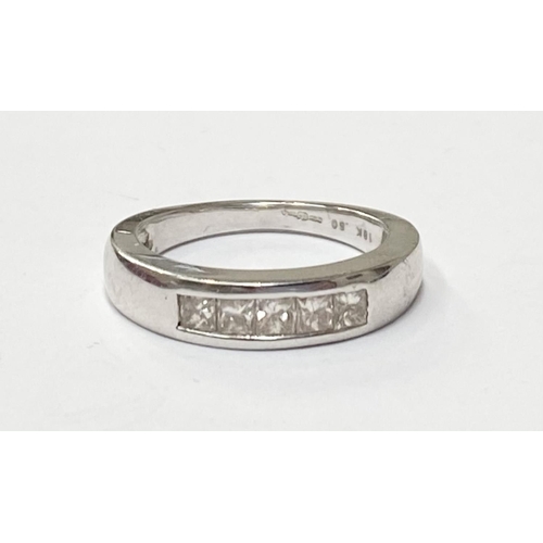 183 - AN 18CT WHITE GOLD FIVE STONE PRINCESS CUT DIAMOND RING, diamond weight  .50 cts, channel set diamon... 