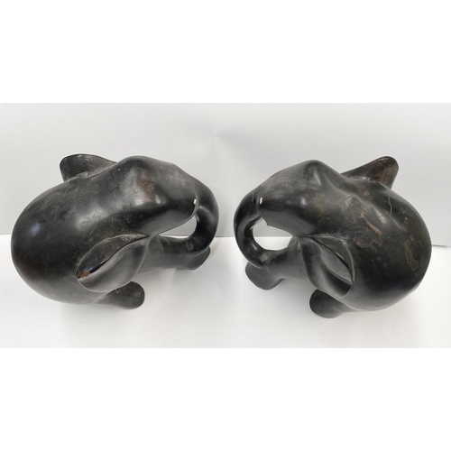 186 - A PAIR OF ANTIQUE LARGE HAND CARVED EBONY ELEPHANTS, with bone inlay to eyes, Dimensions: 23cm high ... 