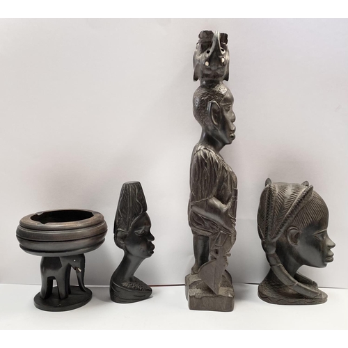 187 - AN ASSORTED COLLECTION OF CARVED WOODEN AFRICAN PIECES, to include hardwood carved figural statues (... 