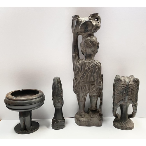 187 - AN ASSORTED COLLECTION OF CARVED WOODEN AFRICAN PIECES, to include hardwood carved figural statues (... 