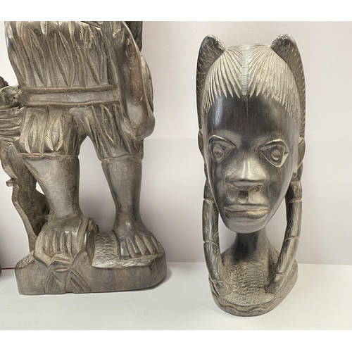 187 - AN ASSORTED COLLECTION OF CARVED WOODEN AFRICAN PIECES, to include hardwood carved figural statues (... 