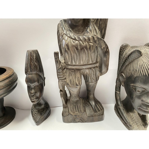 187 - AN ASSORTED COLLECTION OF CARVED WOODEN AFRICAN PIECES, to include hardwood carved figural statues (... 