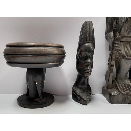 187 - AN ASSORTED COLLECTION OF CARVED WOODEN AFRICAN PIECES, to include hardwood carved figural statues (... 