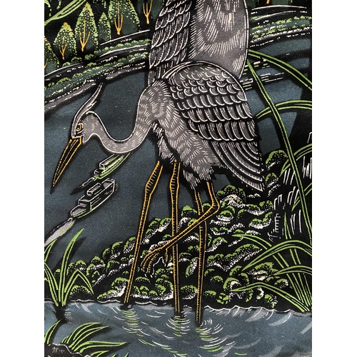 197 - A PAINTED WALL HANGING, depicting two herons in a riverside scene, surrounded by cattail plants. Fin... 