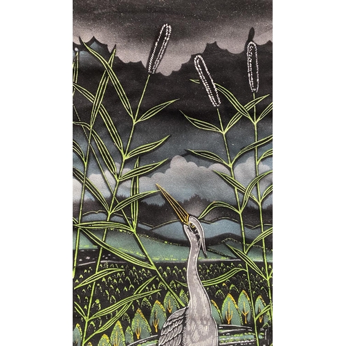 197 - A PAINTED WALL HANGING, depicting two herons in a riverside scene, surrounded by cattail plants. Fin... 