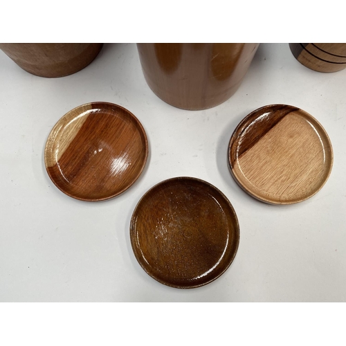 199 - A PORTUGESE HARDWOOD TABLEWARE LOT, to include hardwood cup made in various woods, labelled ‘Tornead... 