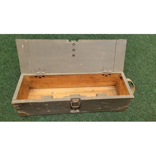 218 - AN ANTIQUE METAL BOUND PINE ARTILLERY BOX, 	with fabric strap handle to one end, the lid hinged with... 