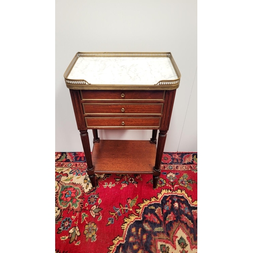 22 - A VERY FINE FRENCH MARBLE TOPPED BEDSIDE LOCKER/LAMP TABLE, 	with pierced three quarter brass galler... 