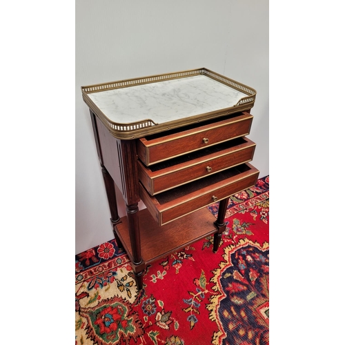 22 - A VERY FINE FRENCH MARBLE TOPPED BEDSIDE LOCKER/LAMP TABLE, 	with pierced three quarter brass galler... 