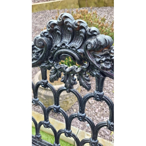 227 - A GOOD QUALITY HEAVY CAST IRON GARDEN CHAIR, 	painted black, a great piece of garden furniture; the ... 