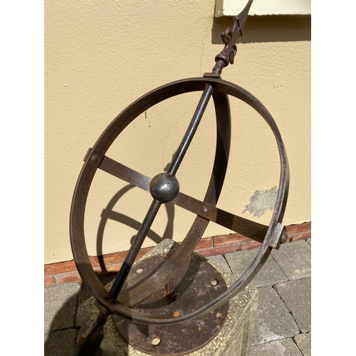 249 - A STEEL GARDEN SUNDIAL ON STONE PLATFORM BASE, Dimensions: 80cm high approx.