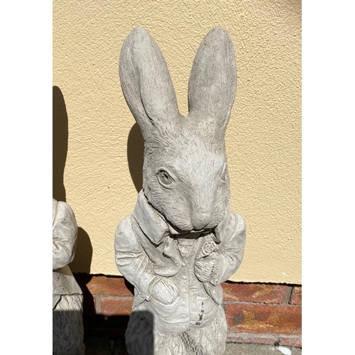 251 - A PAIR OF STONE GARDEN FIGURES, in the form of Peter Rabbits. Dimensions: 54cm high approx.