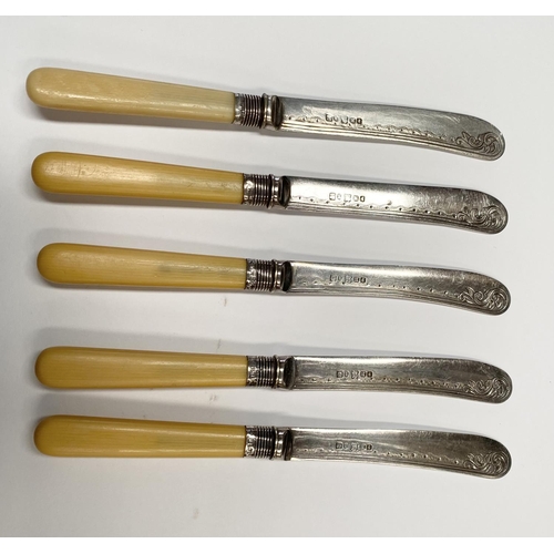 252 - A SILVER PLATED KNIFE AND FORK ALONG WITH SET OF FIVE ENGRAVED SILVER PLATED BUTTER KNIVES, with eng... 