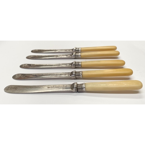 252 - A SILVER PLATED KNIFE AND FORK ALONG WITH SET OF FIVE ENGRAVED SILVER PLATED BUTTER KNIVES, with eng... 