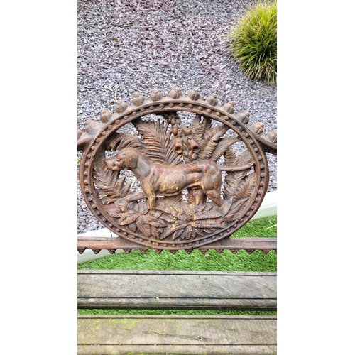 26 - A PAIR OF COALBROOKDALE STYLE CAST IRON GARDEN ARMCHAIRS, 	rust coloured, each with the hunting dog ... 