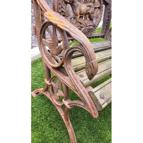 26 - A PAIR OF COALBROOKDALE STYLE CAST IRON GARDEN ARMCHAIRS, 	rust coloured, each with the hunting dog ... 