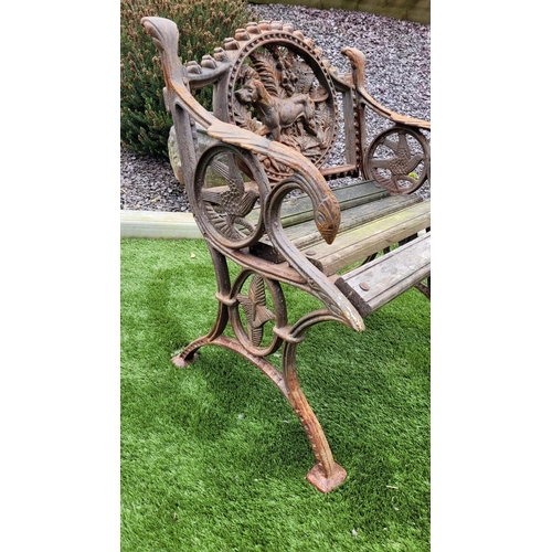 26 - A PAIR OF COALBROOKDALE STYLE CAST IRON GARDEN ARMCHAIRS, 	rust coloured, each with the hunting dog ... 