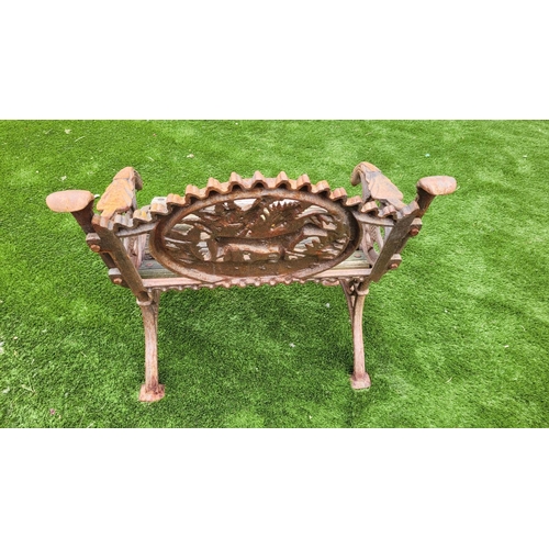 26 - A PAIR OF COALBROOKDALE STYLE CAST IRON GARDEN ARMCHAIRS, 	rust coloured, each with the hunting dog ... 