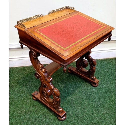 27 - A VERY FINE 19TH CENTURY MAHOGANY LEATHER TOPPED WRITING DESK, 	the top with brass gallery railing a... 