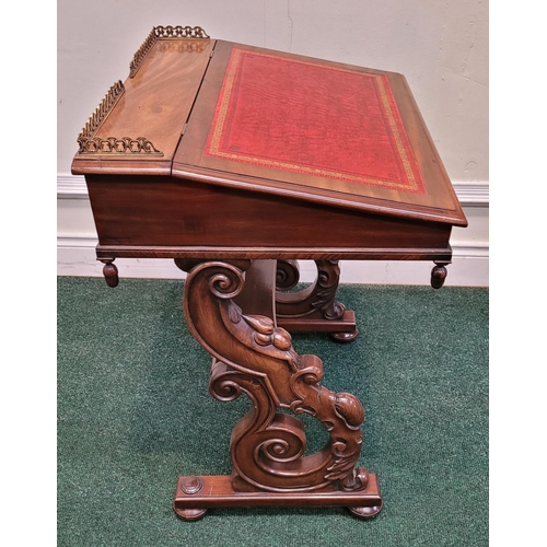 27 - A VERY FINE 19TH CENTURY MAHOGANY LEATHER TOPPED WRITING DESK, 	the top with brass gallery railing a... 