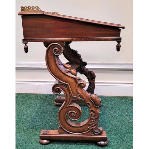 27 - A VERY FINE 19TH CENTURY MAHOGANY LEATHER TOPPED WRITING DESK, 	the top with brass gallery railing a... 