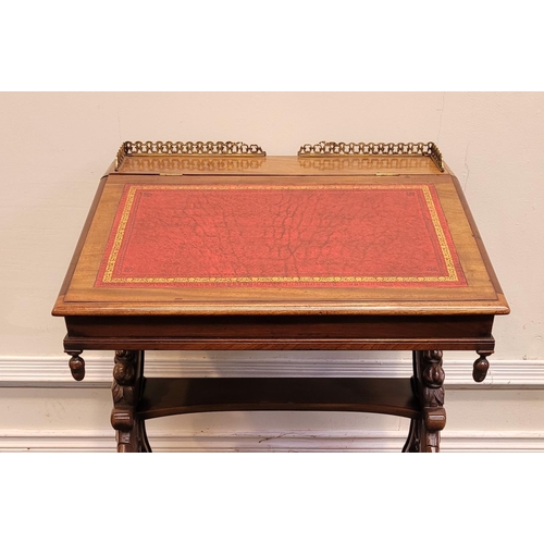 27 - A VERY FINE 19TH CENTURY MAHOGANY LEATHER TOPPED WRITING DESK, 	the top with brass gallery railing a... 