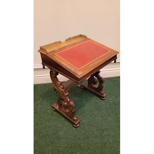 27 - A VERY FINE 19TH CENTURY MAHOGANY LEATHER TOPPED WRITING DESK, 	the top with brass gallery railing a... 