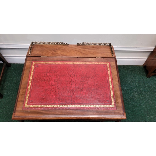 27 - A VERY FINE 19TH CENTURY MAHOGANY LEATHER TOPPED WRITING DESK, 	the top with brass gallery railing a... 