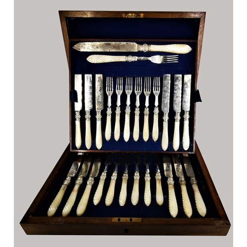 282 - A VERY FINE CASED SET OF KNIVES & FORKS,lovely burr wood to the lid, with blank cartouche to the cen... 