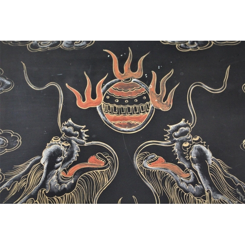 288 - A TWENTIETH CENTURY CHINOISERIE PAINTED COFFEE TABLE,	with a lacquered surface richly decorated with... 