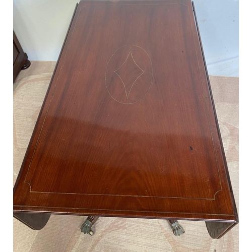 32 - A FINE REGENCY MAHOGANY INLAID DROP LEAF DINING TABLE / SOFA TABLE, with brass inlay, one drawer, al... 