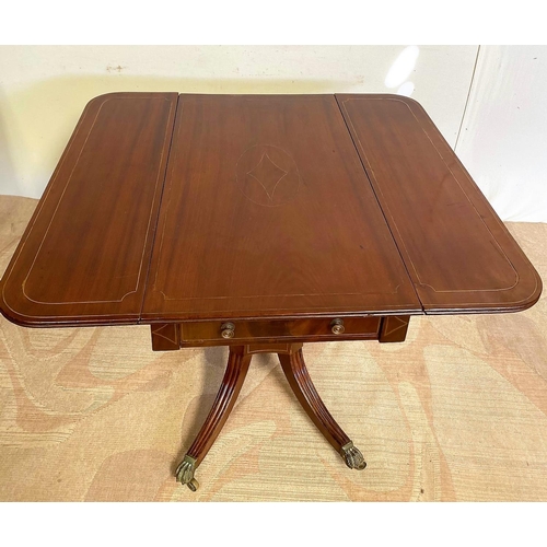 32 - A FINE REGENCY MAHOGANY INLAID DROP LEAF DINING TABLE / SOFA TABLE, with brass inlay, one drawer, al... 