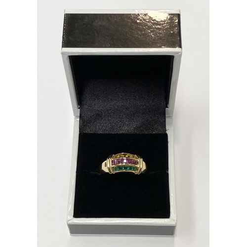 35 - A FANTASTIC CHANEL SET RUBY, EMERALD & YELLOW SAPPHIRE DRESS RING, with 18ct gold band, this ring re... 