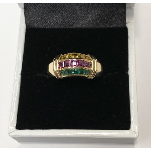 35 - A FANTASTIC CHANEL SET RUBY, EMERALD & YELLOW SAPPHIRE DRESS RING, with 18ct gold band, this ring re... 