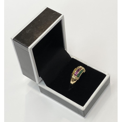 35 - A FANTASTIC CHANEL SET RUBY, EMERALD & YELLOW SAPPHIRE DRESS RING, with 18ct gold band, this ring re... 