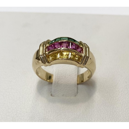 35 - A FANTASTIC CHANEL SET RUBY, EMERALD & YELLOW SAPPHIRE DRESS RING, with 18ct gold band, this ring re... 