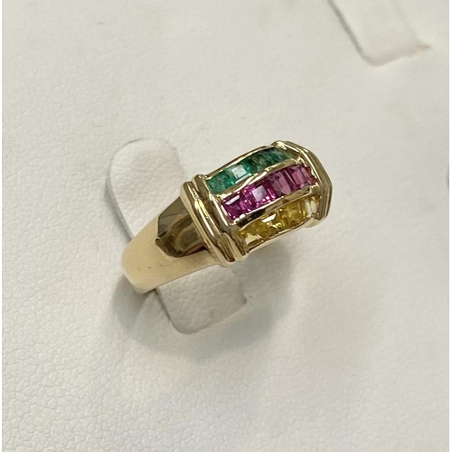 35 - A FANTASTIC CHANEL SET RUBY, EMERALD & YELLOW SAPPHIRE DRESS RING, with 18ct gold band, this ring re... 