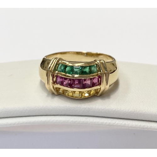 35 - A FANTASTIC CHANEL SET RUBY, EMERALD & YELLOW SAPPHIRE DRESS RING, with 18ct gold band, this ring re... 