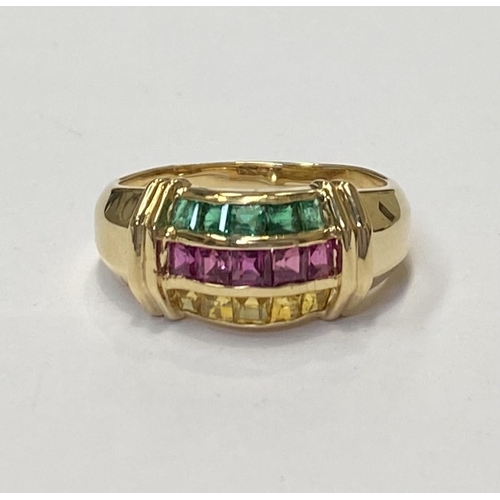 35 - A FANTASTIC CHANEL SET RUBY, EMERALD & YELLOW SAPPHIRE DRESS RING, with 18ct gold band, this ring re... 