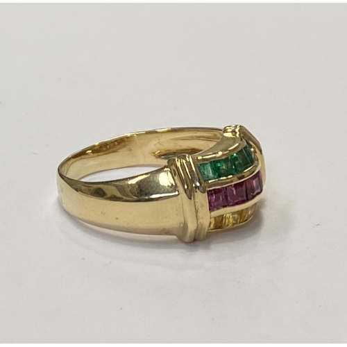 35 - A FANTASTIC CHANEL SET RUBY, EMERALD & YELLOW SAPPHIRE DRESS RING, with 18ct gold band, this ring re... 