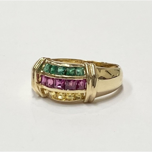 35 - A FANTASTIC CHANEL SET RUBY, EMERALD & YELLOW SAPPHIRE DRESS RING, with 18ct gold band, this ring re... 