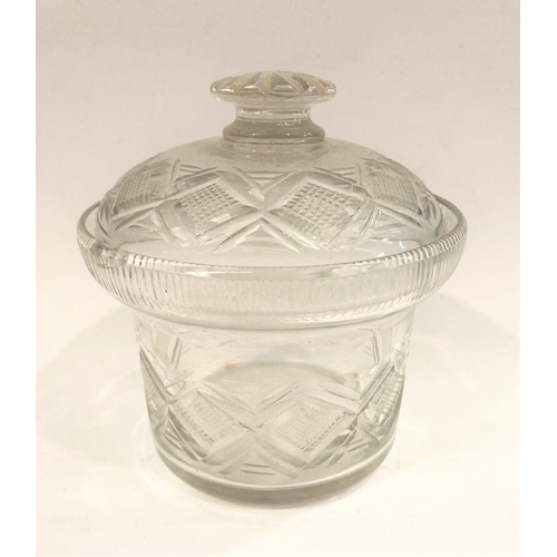 4 - AN IRISH CUT GLASS JAR AND COVER, 15cm high approx