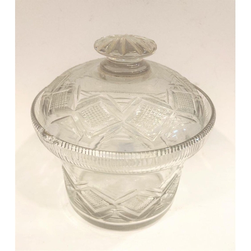 4 - AN IRISH CUT GLASS JAR AND COVER, 15cm high approx