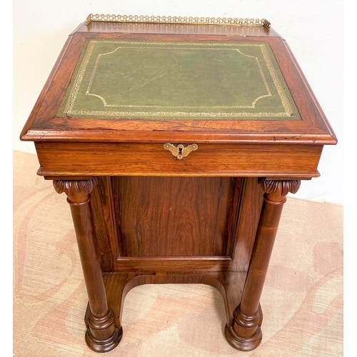 43 - A VERY FINE WILLIAM IV ROSEWOOD DAVENPORT DESK, with raise brass gallery to the back, a green gilt l... 